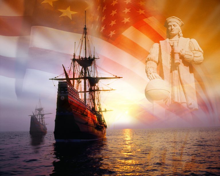 Photo,Montage:,Christopher,Columbus,,American,Flag,,Sailing,Ships