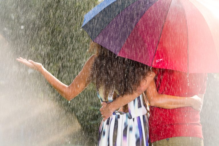 Man,And,Woman,Under,Rainbow,Umbrella,In,The,Summer,Rain