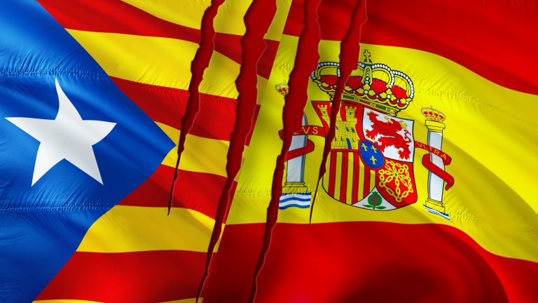 Catalonia,And,Spain,Flags,With,Scar,Concept.,Waving,Flag,3d