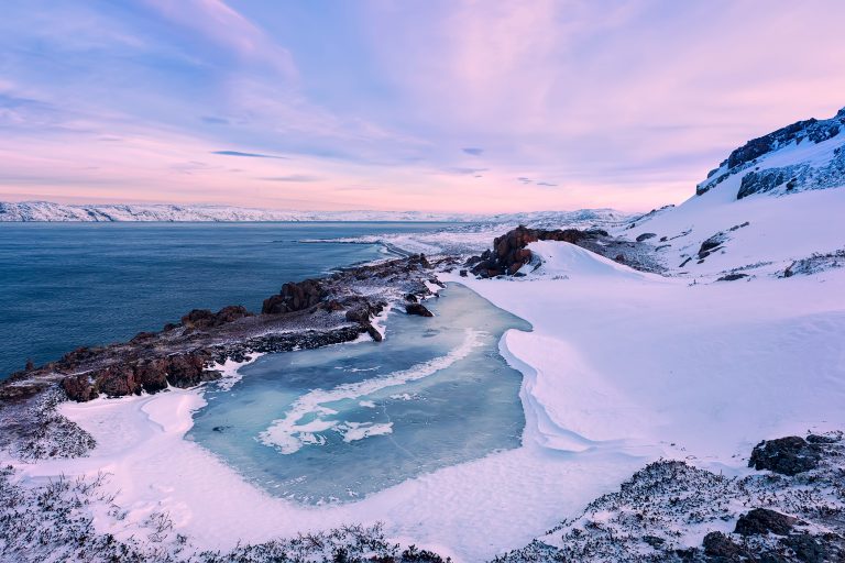 A,Small,Frozen,Lake,And,The,Barents,Sea,Coastline.,Teriberka,