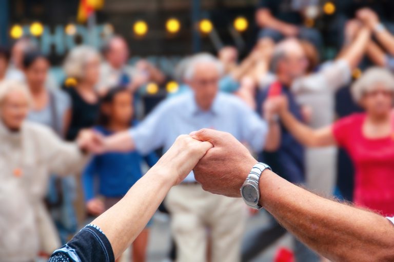 Barcelona,,Spain.,View,Of,Senior,People,Holding,Hands,And,Dancing