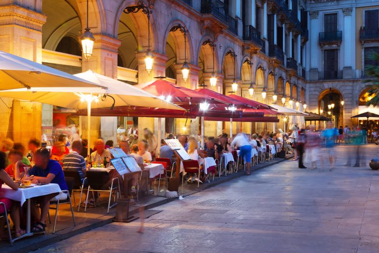 Night,View,Of,Placa,Reial,In,Summer.,Barcelona