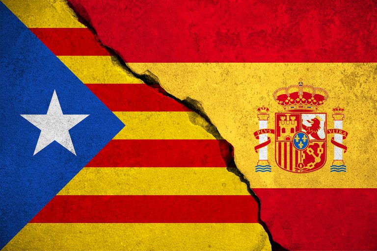 Spain,Flag,On,Broken,Brick,Wall,And,Half,Catalan,Flag,
