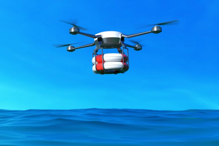 Rescue,Drone,With,Lifebuoy,Flying,Over,The,Ocean.,3d,Illustration