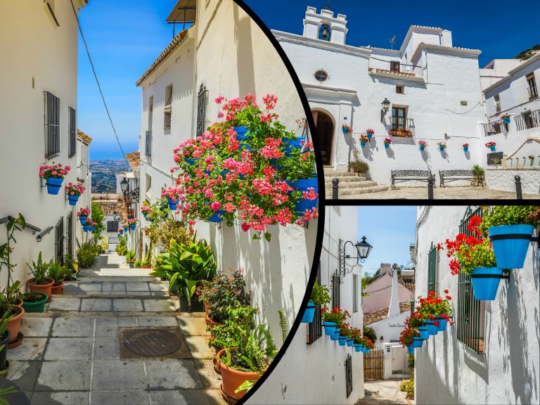 Collage,Of,Mijas,With,Flower,Pots,In,Facades.,Andalusian,White