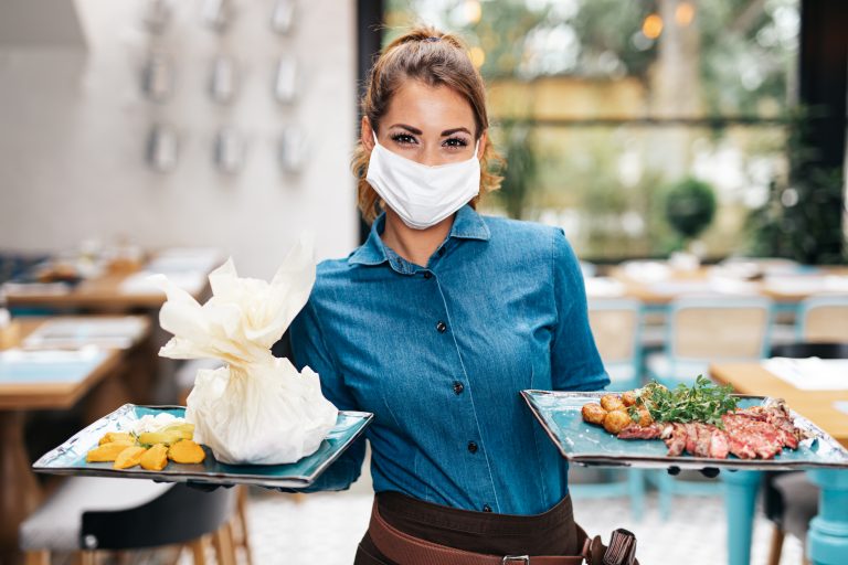 Beautiful,Young,Waitress,With,Face,Protective,Mask,Working,In,Exclusive