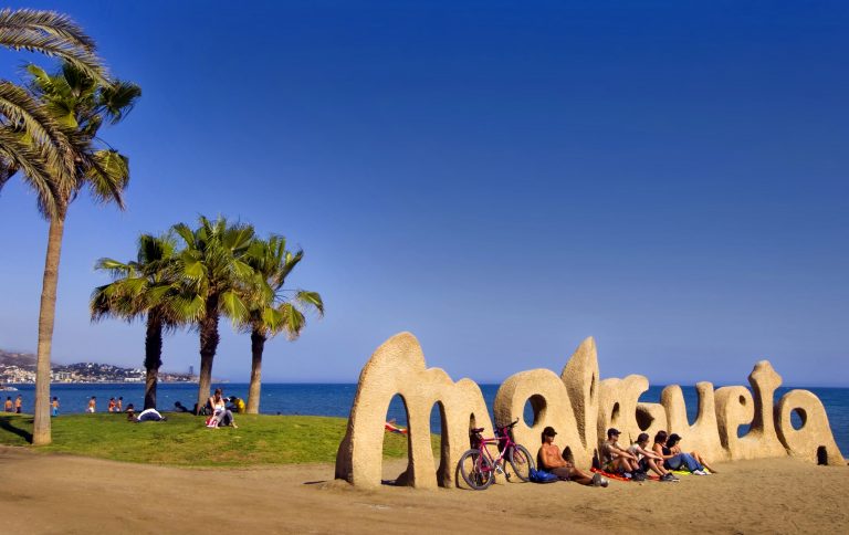 Malaga,,Spain,-,April,20:,Malagueta,Beach,Entrance,Sign,Welcomes