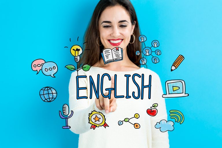 English,Concept,With,Young,Woman,On,Blue,Background
