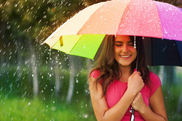 Beautiful,Woman,Under,Rainbow,Umbrella