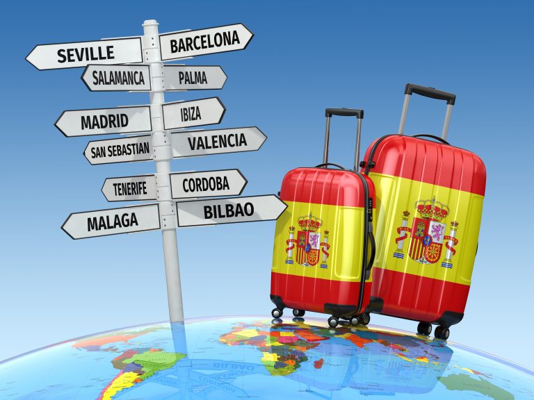 Travel,Concept.,Suitcases,And,Signpost,What,To,Visit,In,Spain.