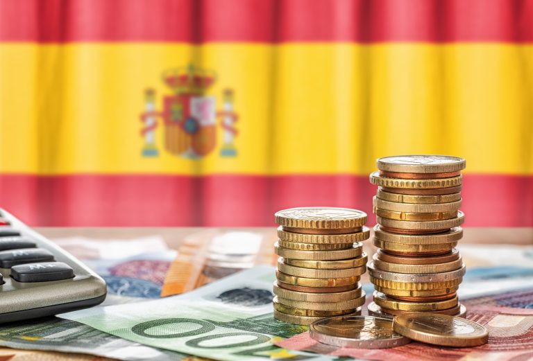 Euro,Banknotes,And,Coins,In,Front,Of,The,National,Flag