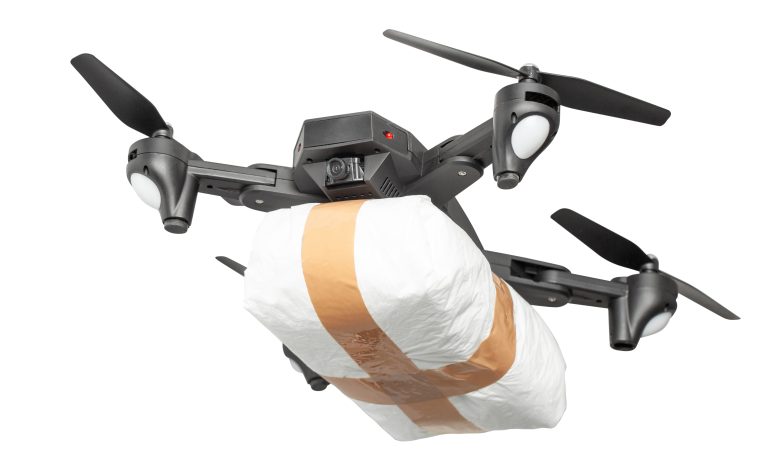 Flying,Drone,To,Smuggle,With,Drugs.,Isolated,On,White,Background.