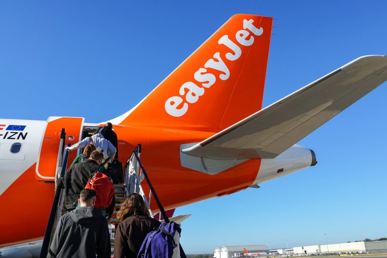 London,,England,,October,,2018:,Passengers,Boarding,Easyjet,Plane