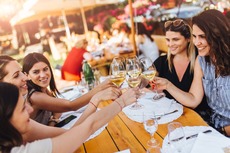 Young,Female,Friends,Clinking,Glasses,With,Wine,On,The,Summer