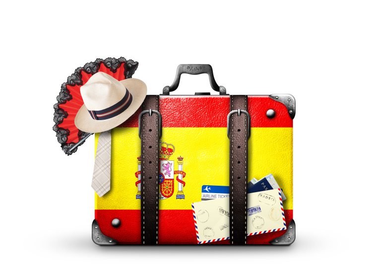 Spain,,Vintage,Suitcase,With,Spanish,Flag