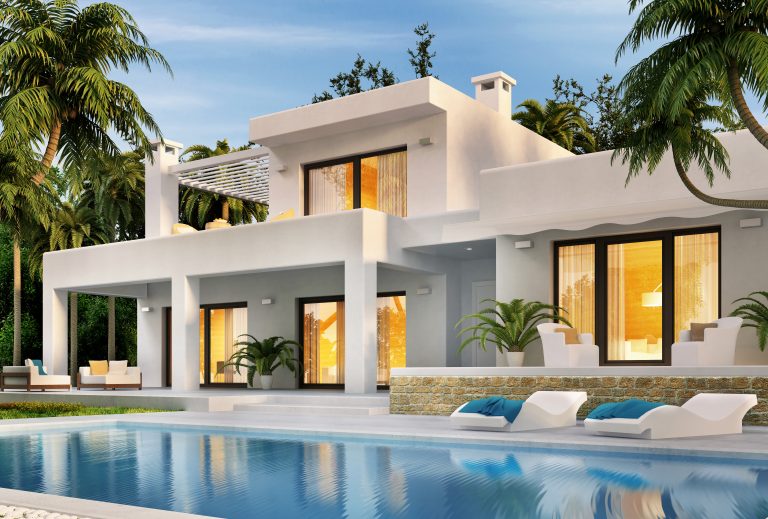 Modern,White,House,With,Swimming,Pool.,3d,Rendering