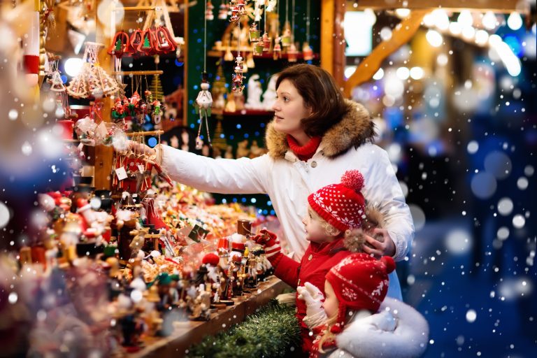 Mother,And,Child,In,Warm,Hat,Watching,Handmade,Glass,Christmas