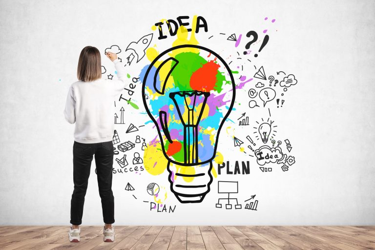 Rear,View,Of,Young,Woman,In,Casual,Clothes,Drawing,Bright