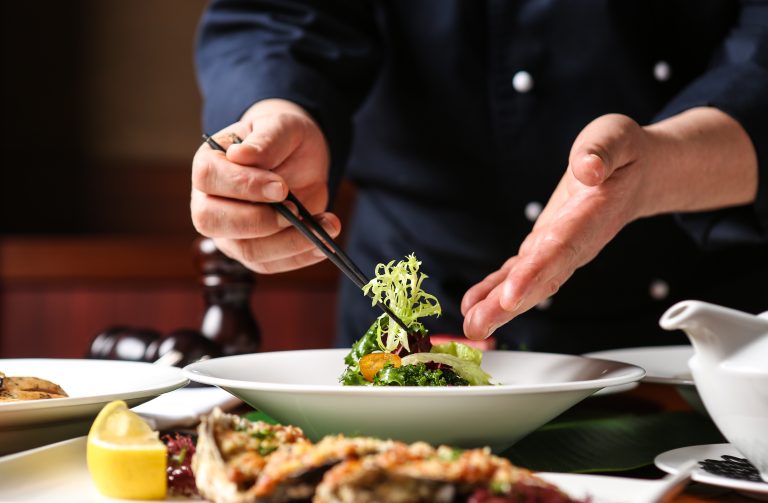 A,Hotel,Chef.,He,Is,Decorating,His,Food.