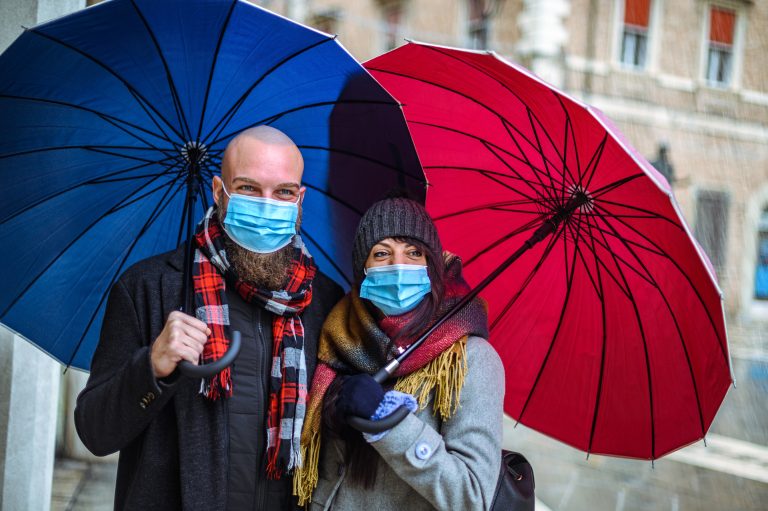 Young,Beautiful,Couple,With,Face,Mask,Holding,Umbrella,,Walking,In