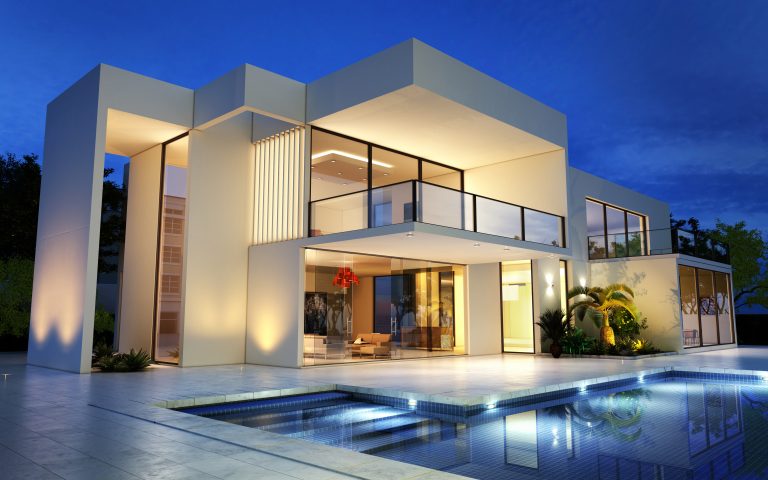3d,Rendering,Of,An,Upscale,Modern,Mansion,With,Pool