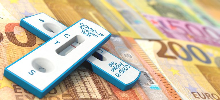 3d,Illustration,,Covid-19,Antigen,Tests,Lies,On,Money,(euro,Notes)