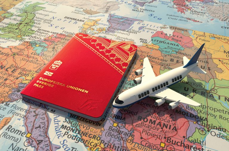 Swedish,Passport,And,An,Airplane,On,World,Map,3d,Illustration