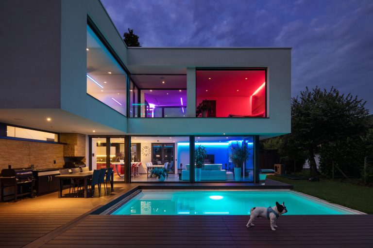 Modern,Villa,With,Colored,Led,Lights,At,Night.,Nobody,Inside