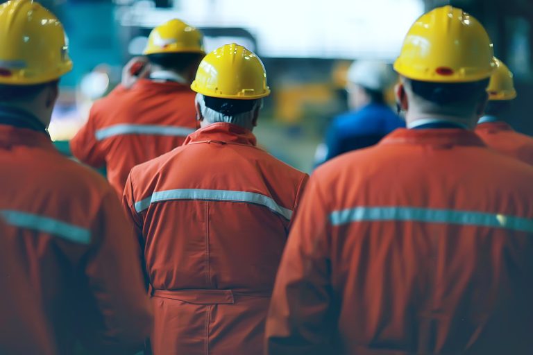 Workers,Helmets,At,The,Factory,,View,From,The,Back,,Group