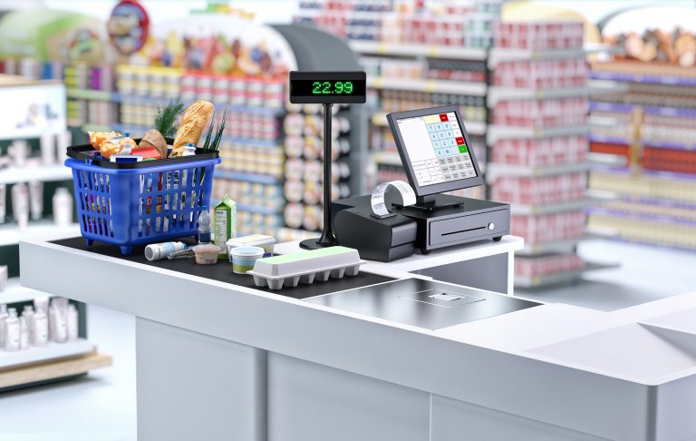 Supermarket,Cashier,Checkout,Work,Place,With,Card,Payment,Terminal,,Order
