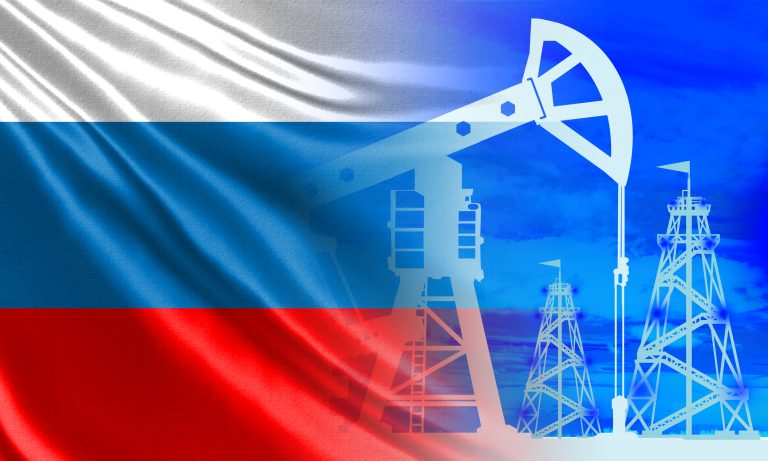Russian,Oil,Industry.,Russian,Flag,And,Oil,Rigs.,Oil,Production