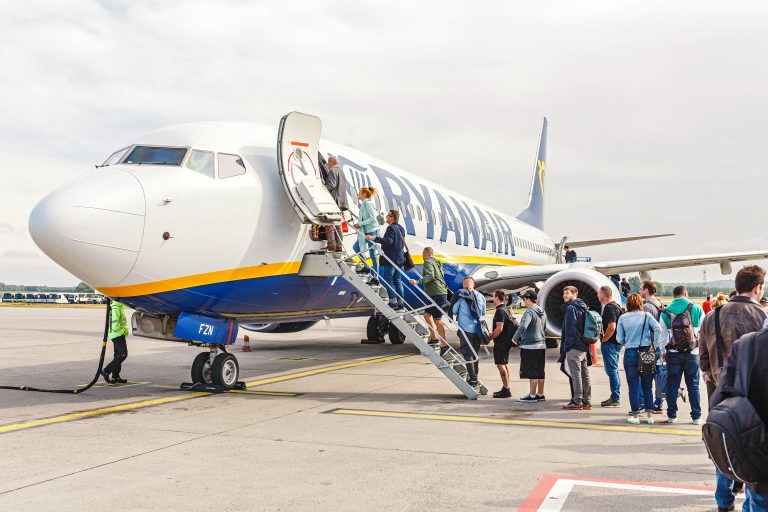 16,May,2018,,Budapest,Hungary:,Passengers,Boarding,Ryanair,Airline,Plane
