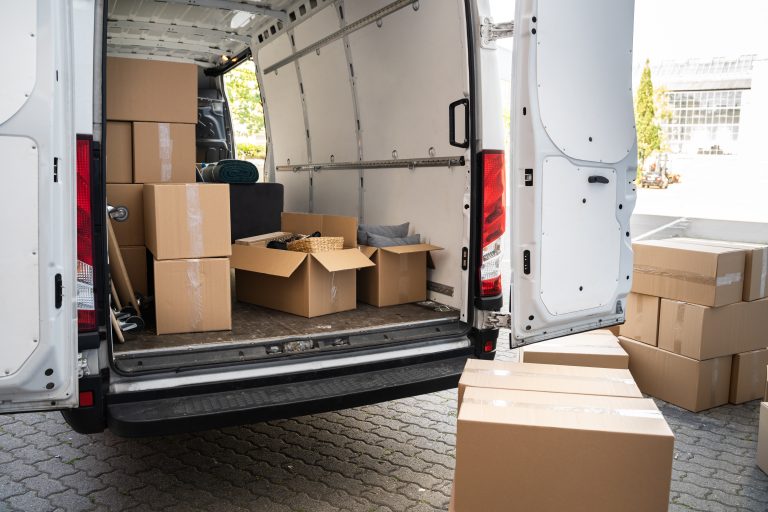 Van,With,Boxes,On,Street,From,Relocation,Service,Business