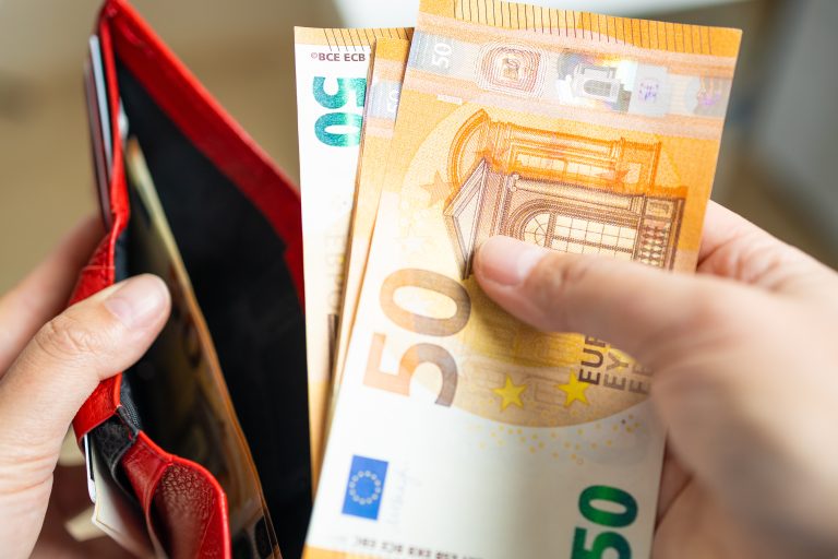 Female,Holding,Wallet,With,Euro,Money.,Unemployment,,Poverty,On,Color