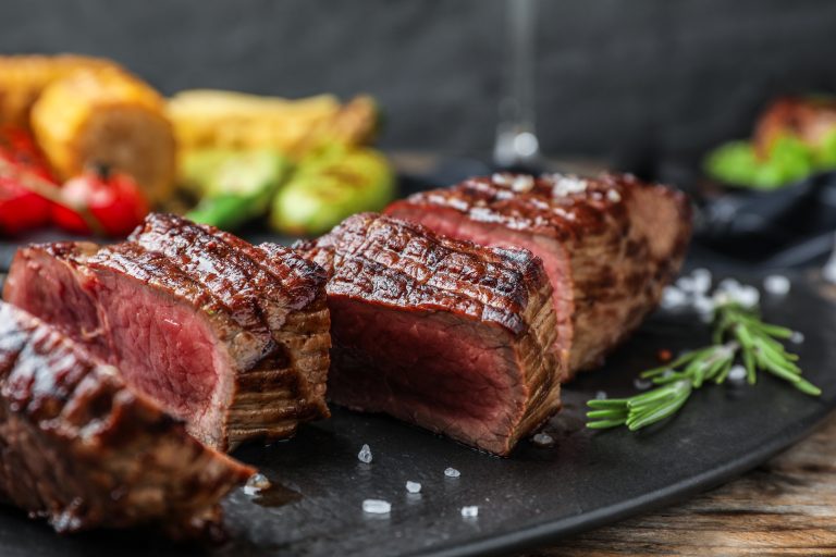 Delicious,Sliced,Beef,Steak,Served,On,Table,,Closeup