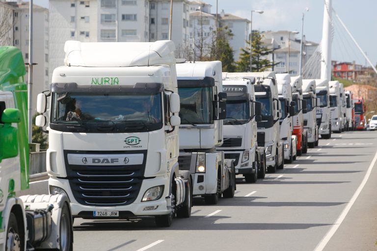 A,Coruna-spain.,Transportation,Strike.,Row,Of,Trucks,Stopped,In,A