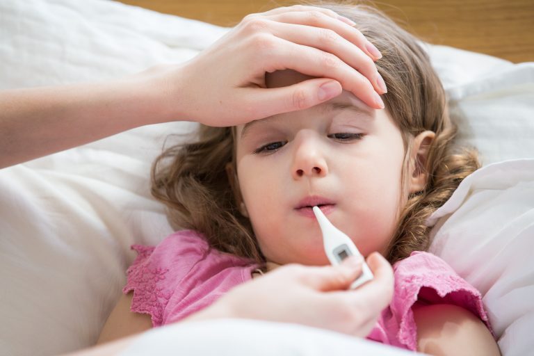 Mother,Measuring,Temperature,Of,Her,Ill,Kid.,Sick,Child,With