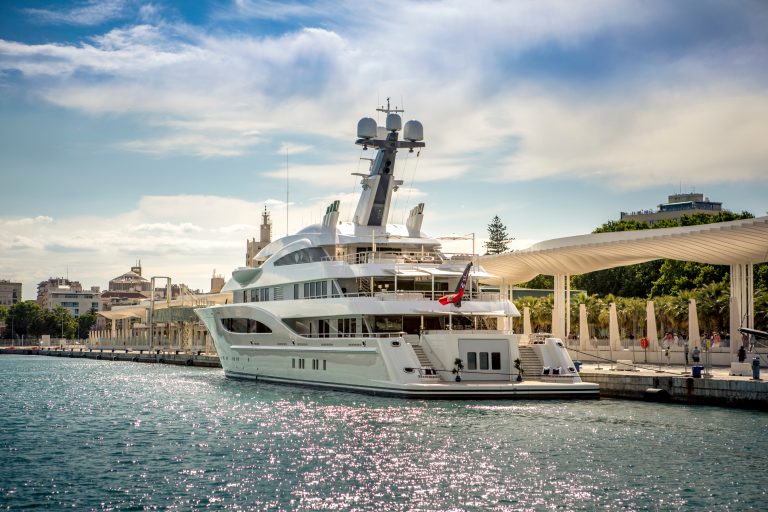 Big,Modern,Luxury,Yacht,Docked,At,Port,Of,Malaga,,Spain,