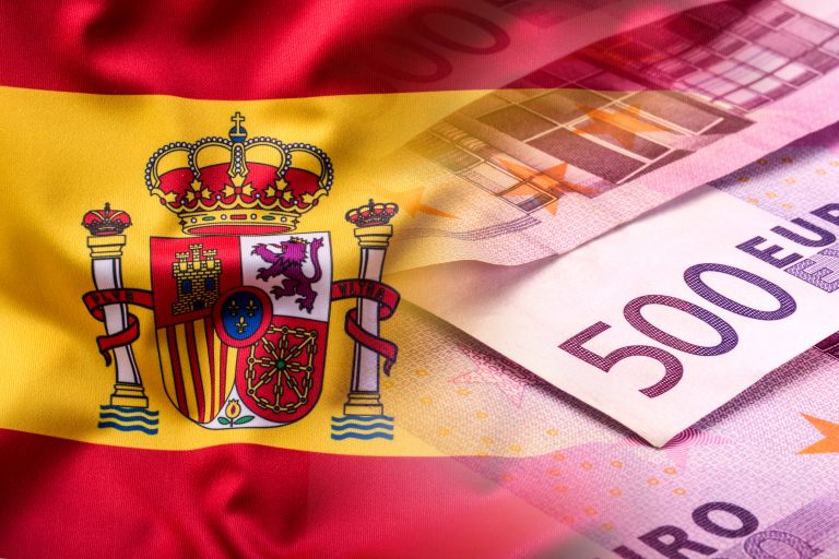 National,Flag,Of,Spain,And,Euro,Banknotes.