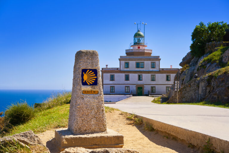End,Of,Saint,James,Way,Sign,And,Lighthouse,Of,Finisterre