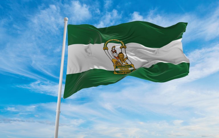 Flag,Of,Andalucia,,,Spain,At,Cloudy,Sky,Background,On