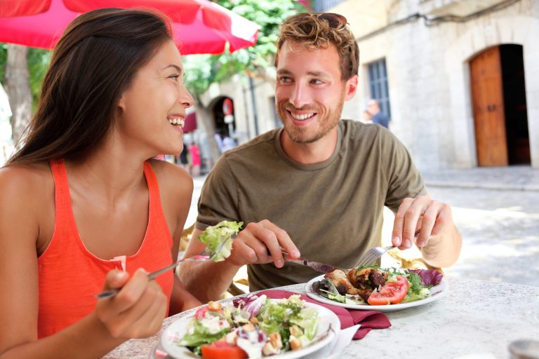 Restaurant,Tourists,Couple,Eating,At,Outdoor,Cafe.,Summer,Travel,People