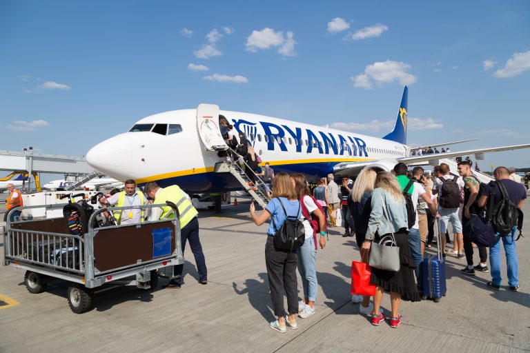 Boryspil,,Ukraine,-,September,03,,2018:,Passengers,Boarding,Ryanair,Plane.