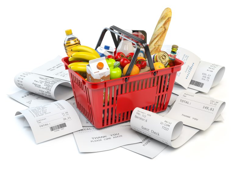 Grocery,Expenses,Budget,And,Consumerism.,Shopping,Basket,With,Foods,On