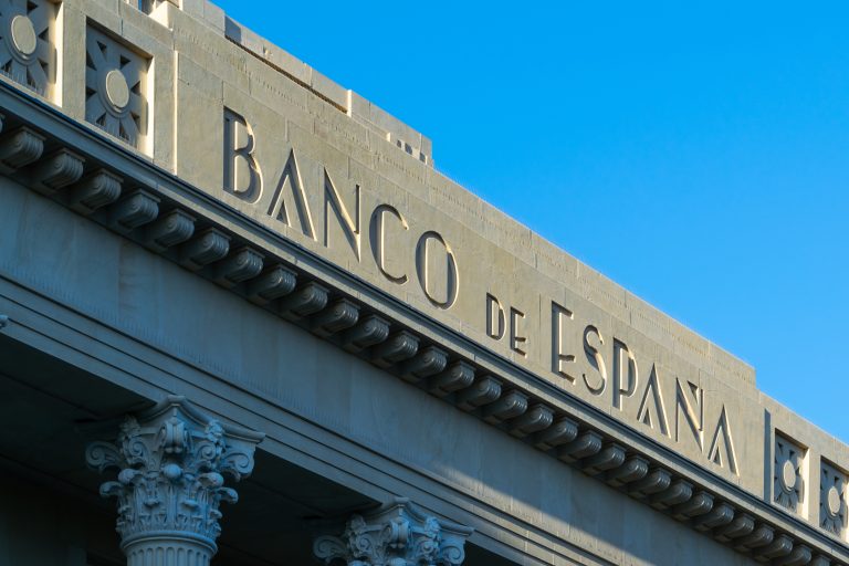 Malaga/spain,-,15-02-2020-top,Of,The,Bank,Of,Spain,Facade,In