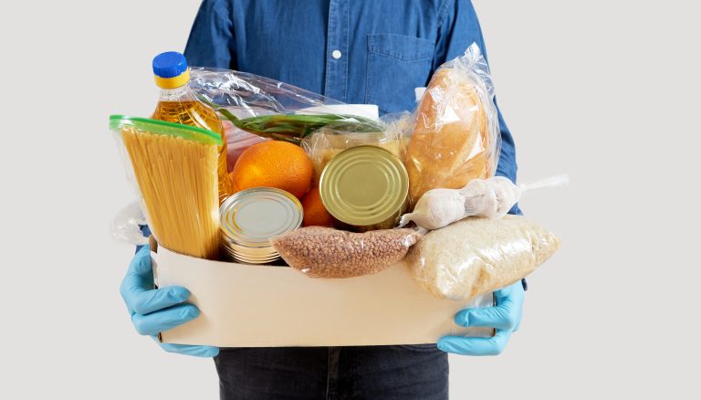 Mens,Hands,Hold,Quarantine,Donation,Box.,Food,,Clothing,And,Personal