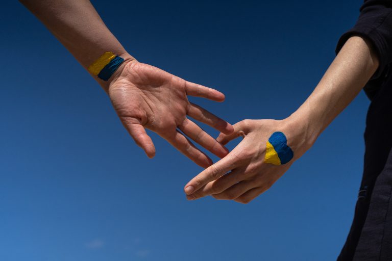 Female,Hands,Painted,In,Ukraine,Flag,Colors,Yellow-blue.,Stop,The