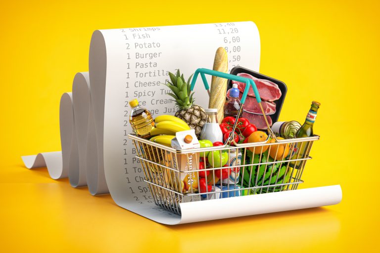 Shopping,Basket,With,Foods,On,Receipt.,Grocery,Expenses,Budget,,Inflation