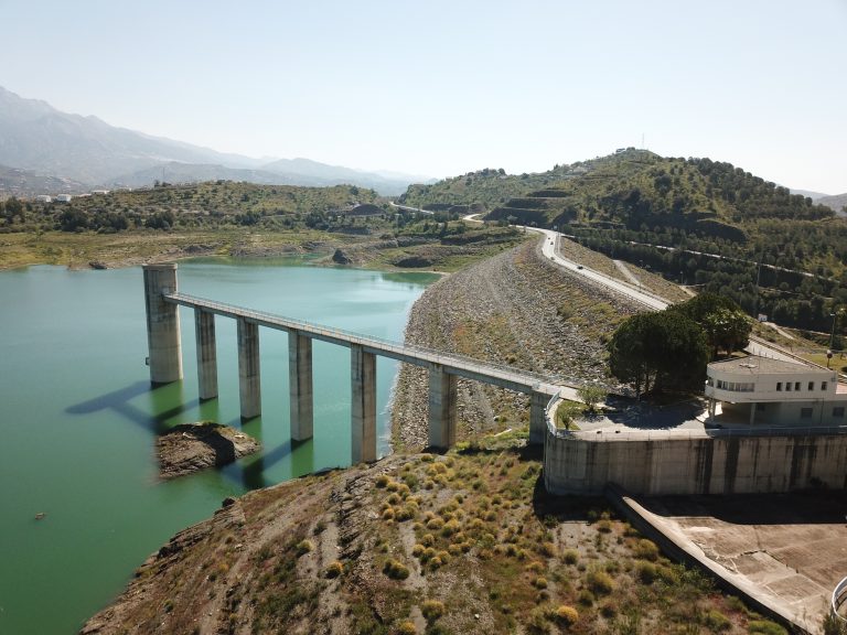 An,Aerial,View,Of,The,Dam,At,Lake,Viñuela,,Andalusia,
