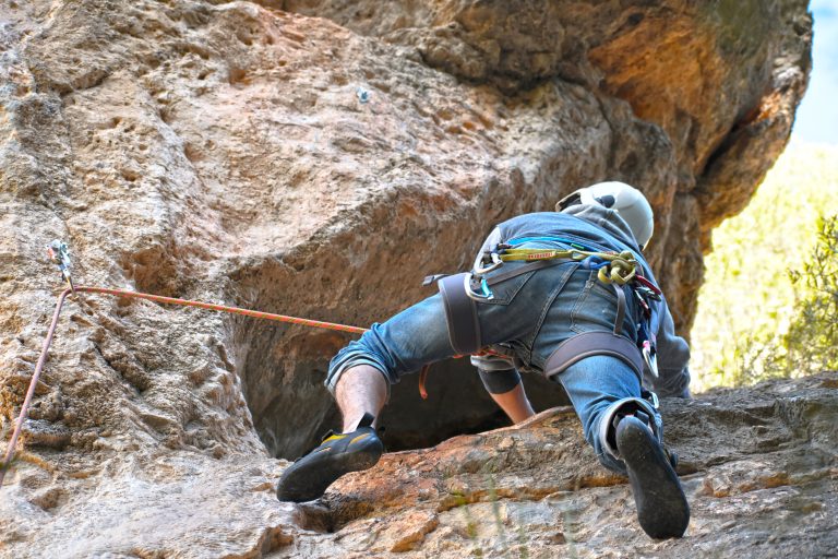 One,Sportsman,Mountain,Climbing.,Physical,Activity,In,The,Countryside.,Risky